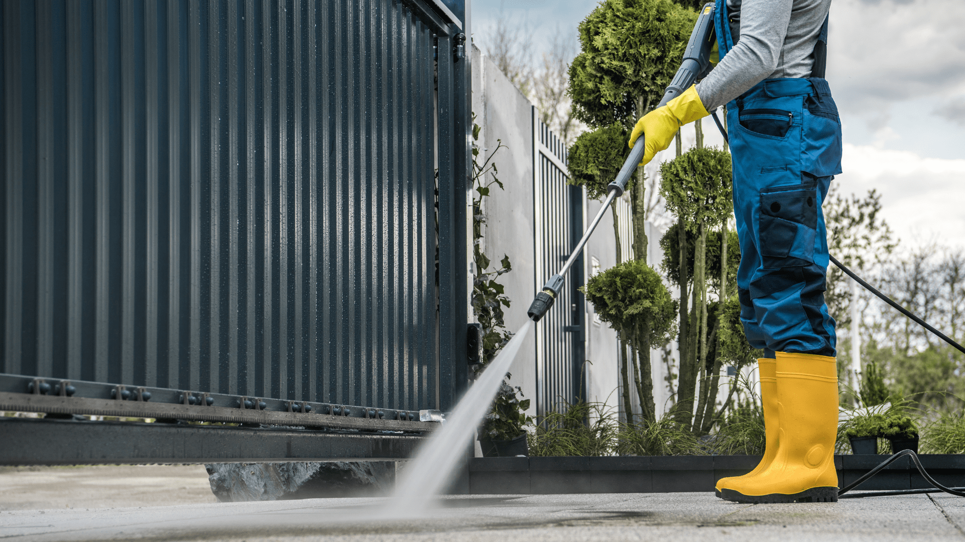 Gartenarbeiter säubert Hof mit Hochdruckreiniger